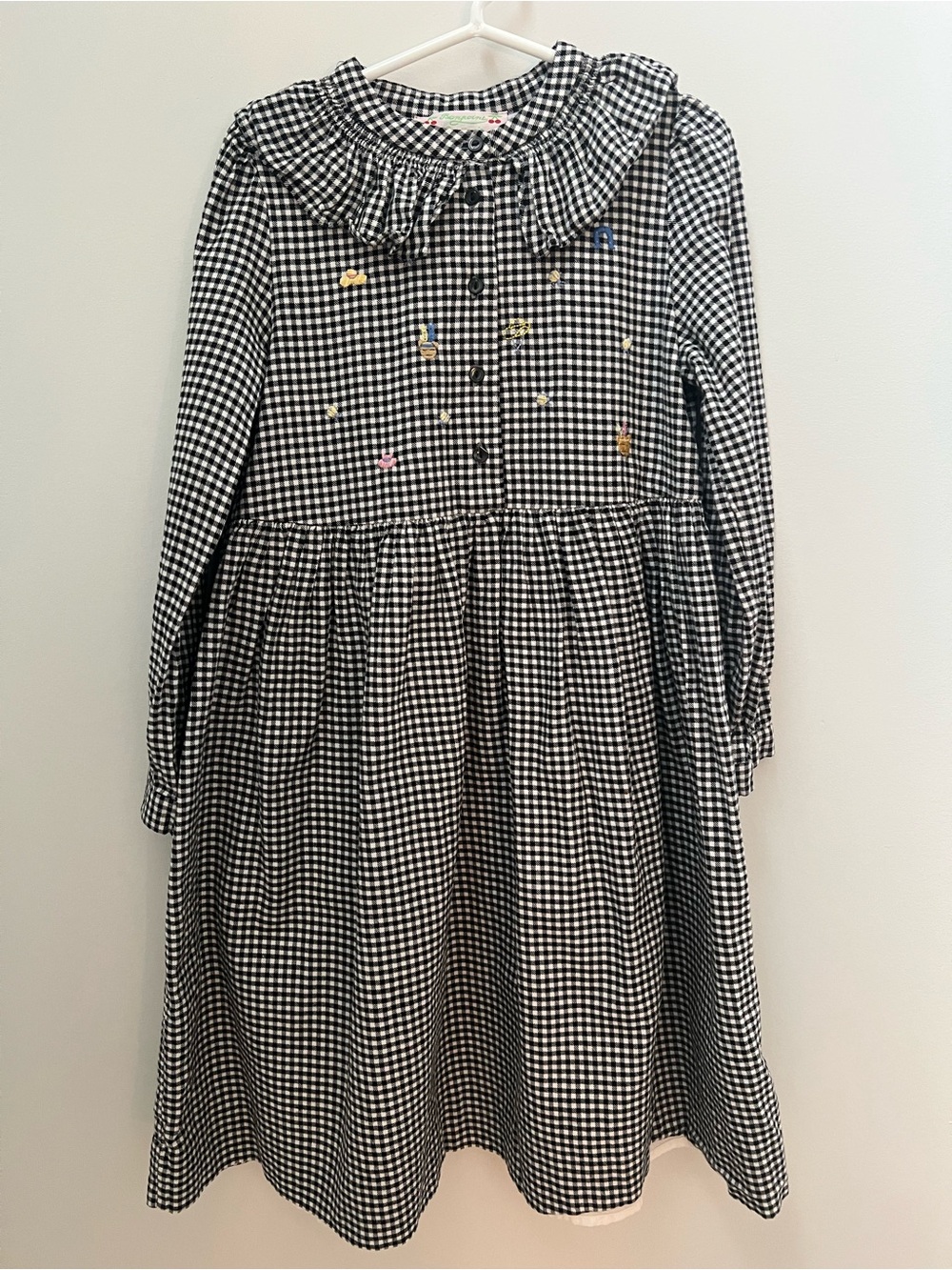 Bonpoint Black & White Gingham Long-Sleeve Dress with Ruffle Collar